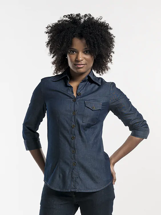 Shirt Women Blue Denim Stretch 3/4 Sleeve