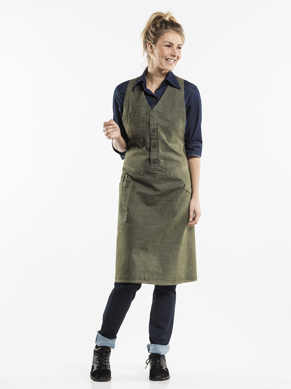 Bib Apron Bistro Green Denim W100 - L85